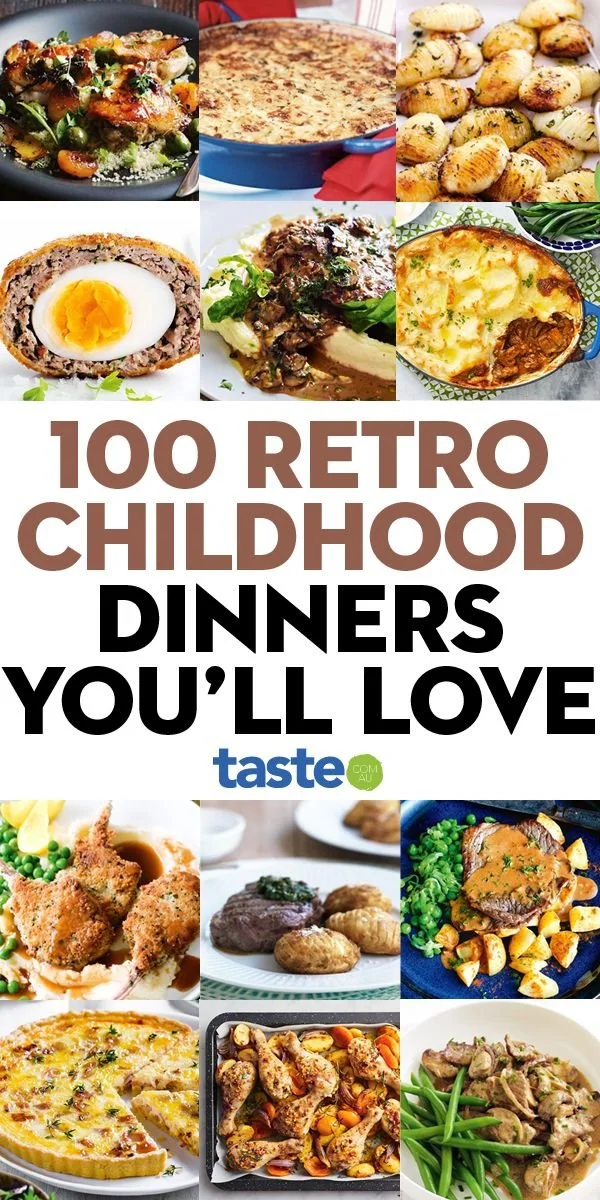 A nostalgic spread of childhood dinners featuring comfort foods from the past.