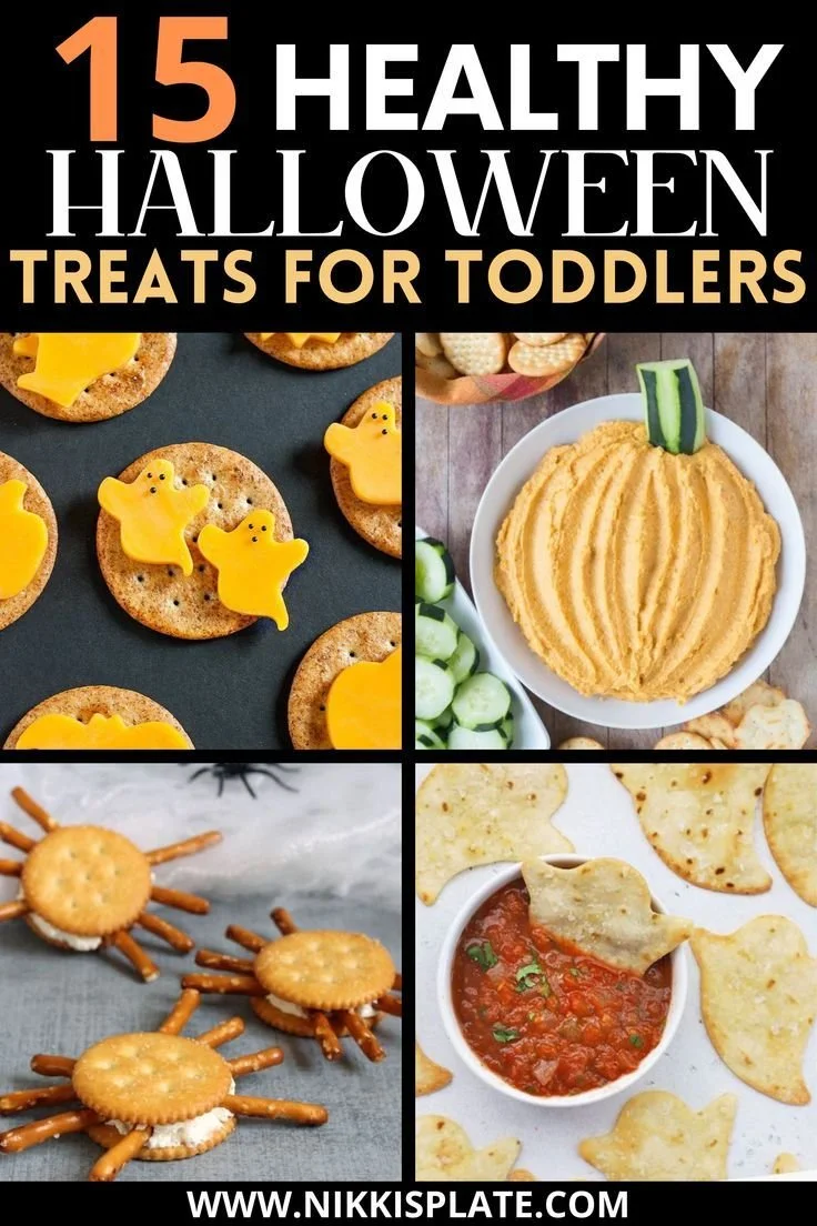 Spooky healthy Halloween treats for toddlers displayed on a festive table.