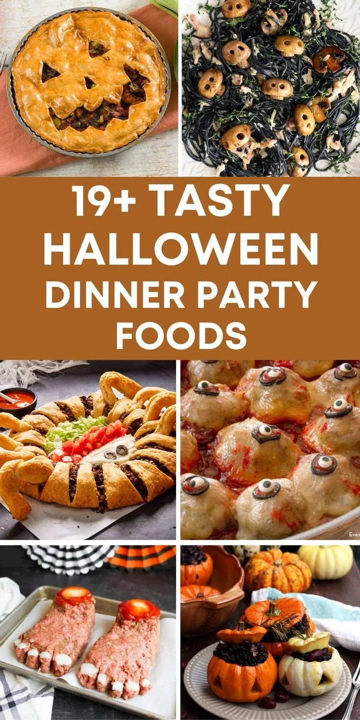 Spooky Halloween dinner party foods displayed on a table.