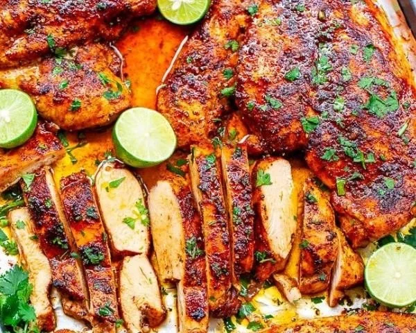 Baked lime cilantro chicken breasts seasoned with fresh herbs and lime seasoning.