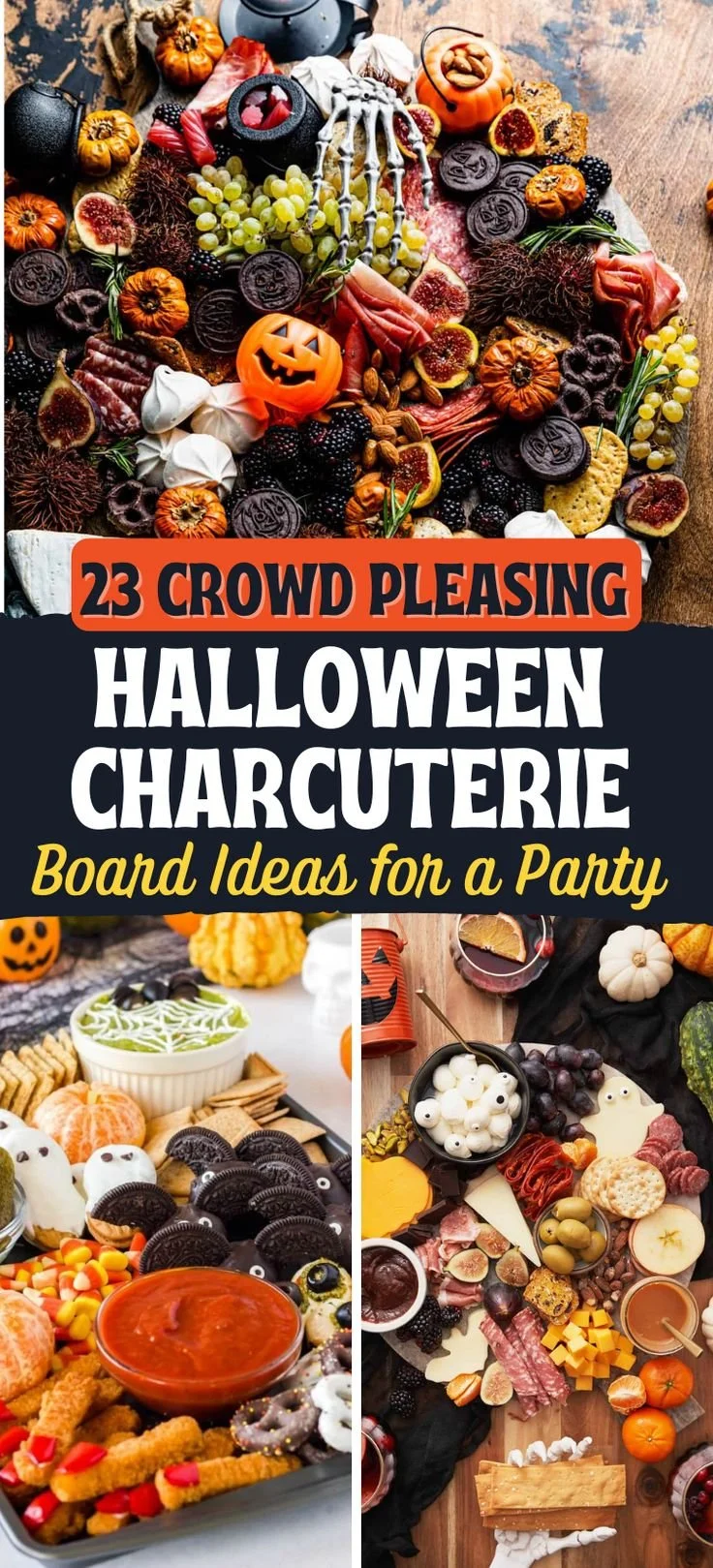 Halloween charcuterie board with spooky themes and festive snacks