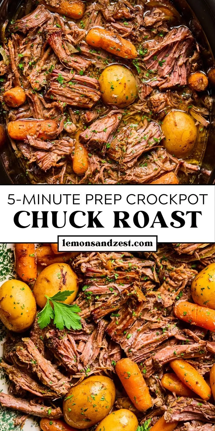 5-Minute Prep Crockpot Pot Roast with vegetables in a slow cooker