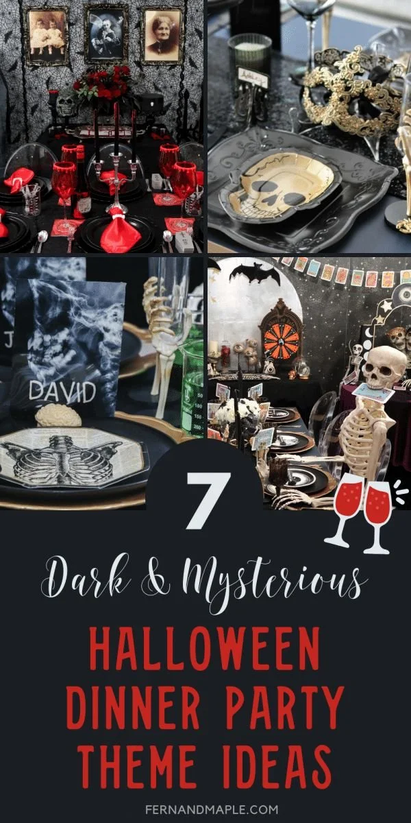 Spooky Halloween dinner party setup with candles and dark decor