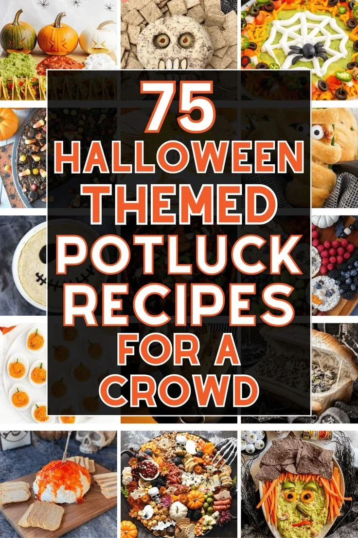 Variety of Halloween-themed dishes for a festive potluck gathering.
