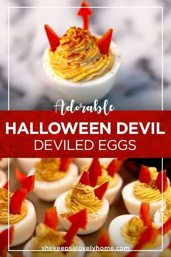 Halloween deviled eggs decorated to look like spooky ghosts and monsters
