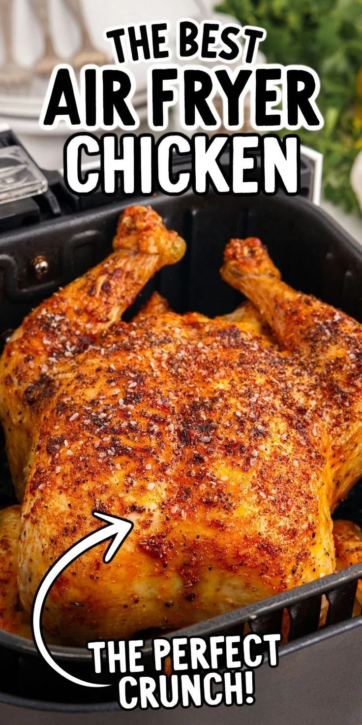 Air fryer whole chicken cooked to perfection with crispy skin and juicy meat.