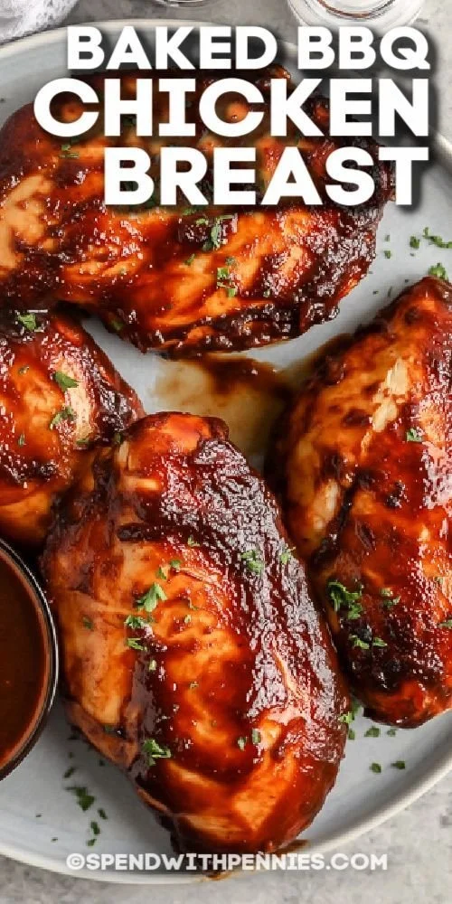 Baked BBQ Chicken Breasts with 3 simple ingredients on a plate