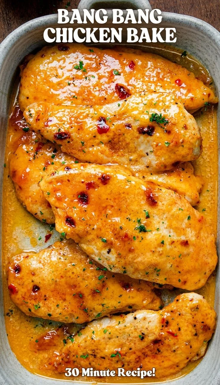 Bang Bang Chicken Bake ready to serve on a plate with garnish.