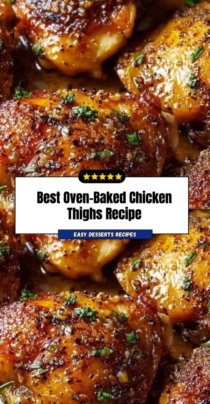 Juicy oven-baked chicken thighs recipe on a plate with herbs