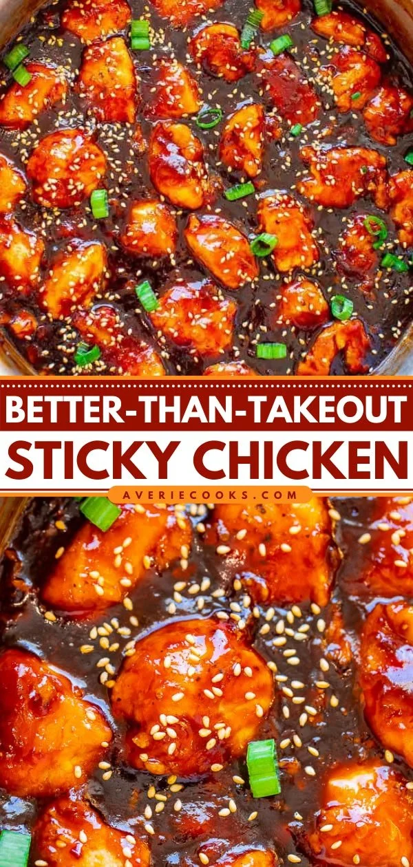 Delicious sticky chicken served with rice and vegetables in a bowl