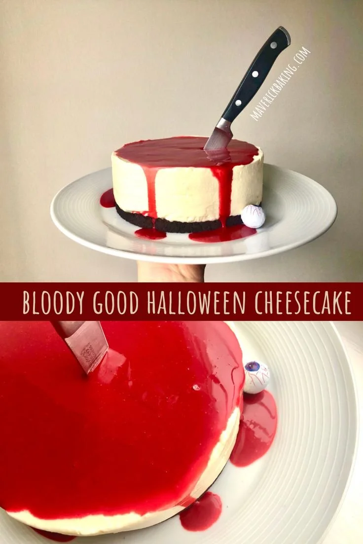 Bloody Good Halloween Cheesecake topped with red sauce for spooky effect