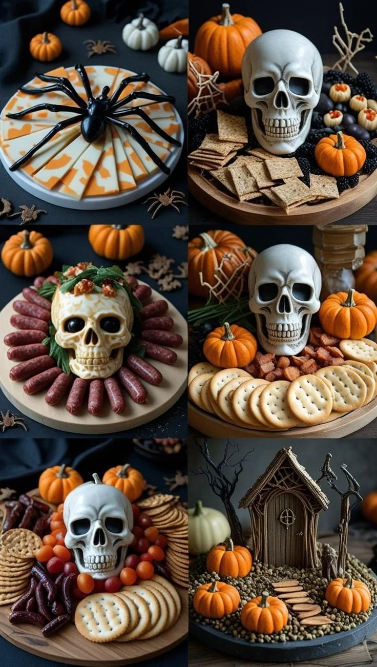 Healthy Halloween snack boards featuring spooky treats and festive decorations