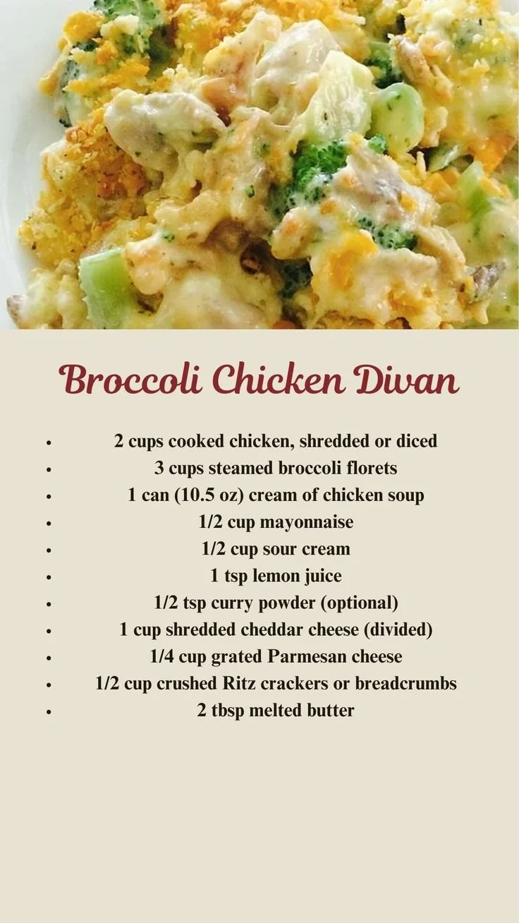 Delicious creamy Broccoli Chicken Divan casserole with vegetables and chicken