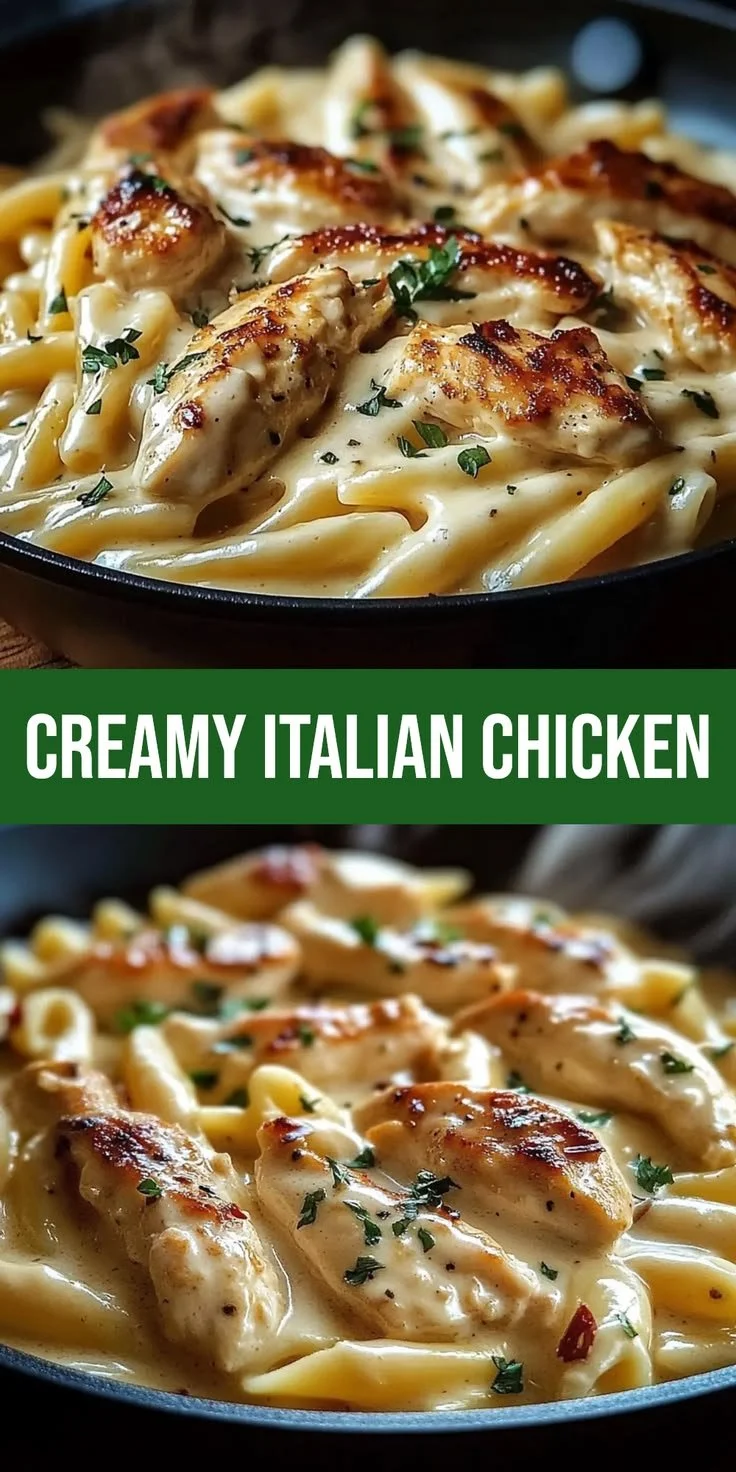 Creamy Italian chicken pasta dish served with fresh herbs and parmesan cheese.