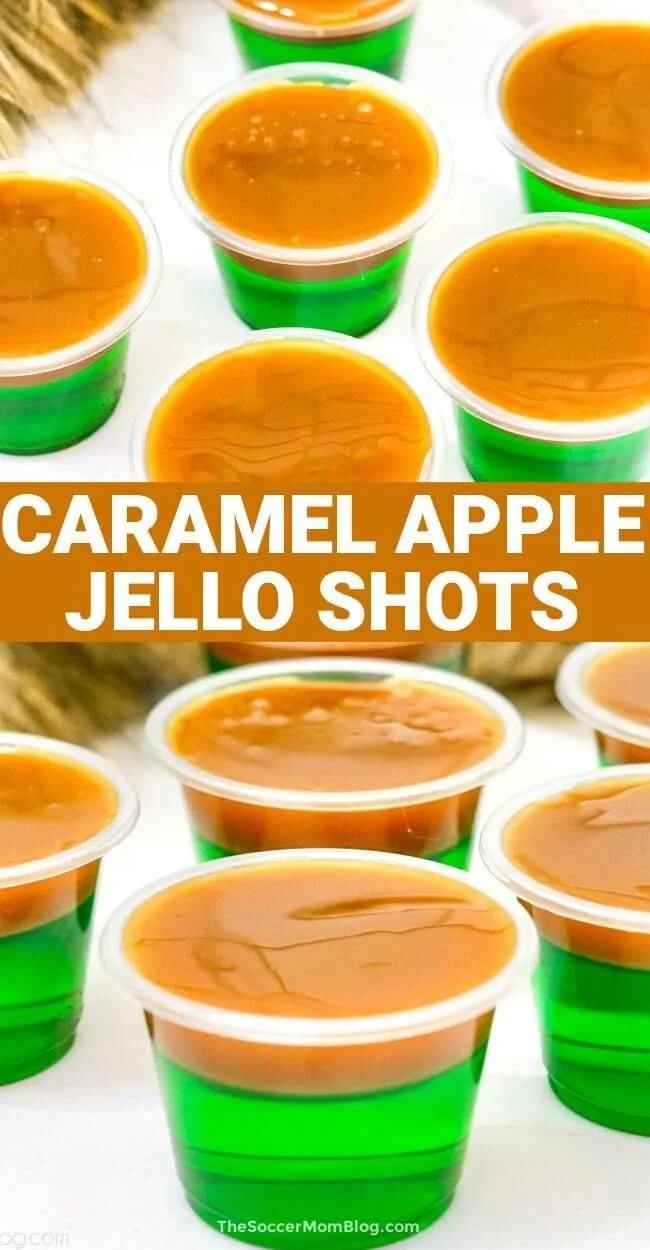 Caramel apple jello shots displayed on a festive table