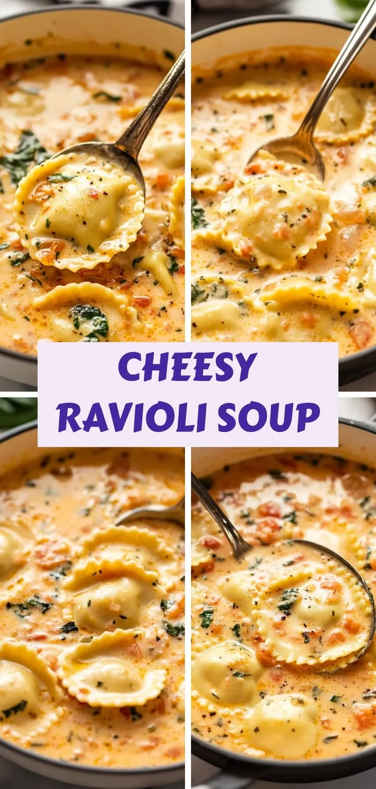 Bowl of Cheesy Ravioli Soup for cozy evenings