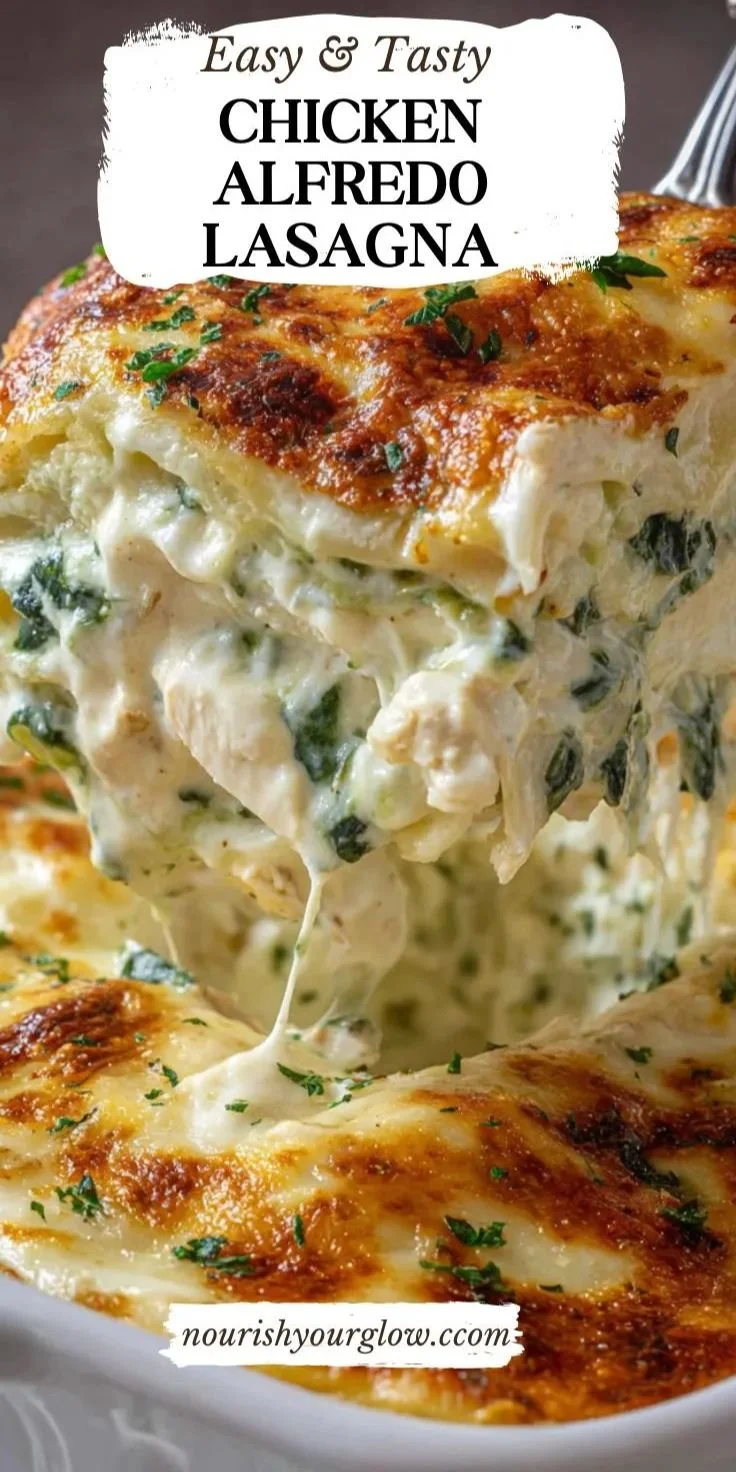 Delicious Chicken Alfredo Lasagna with creamy sauce and layers of chicken