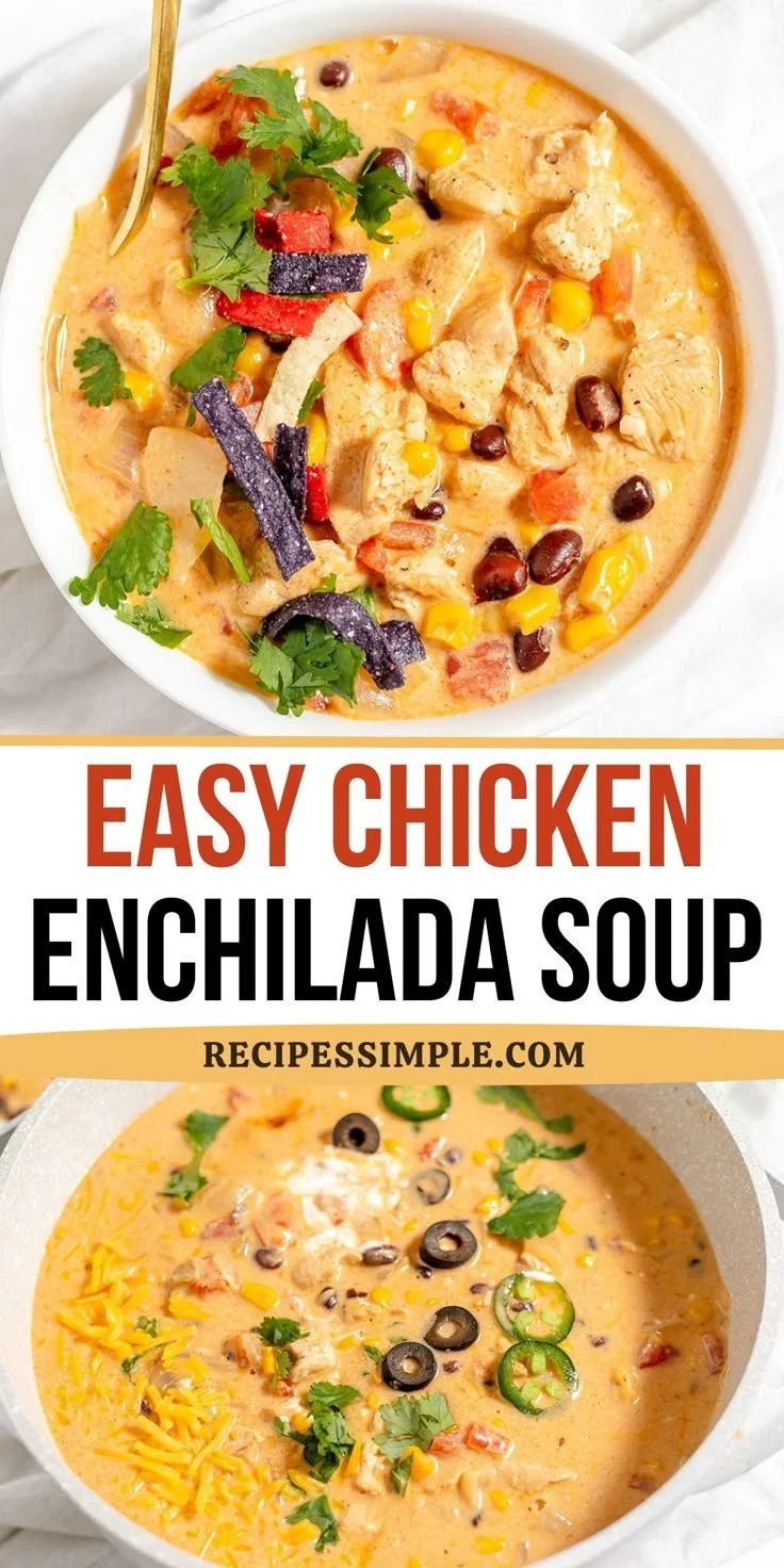 Delicious chicken enchilada soup topped with cheese and fresh cilantro