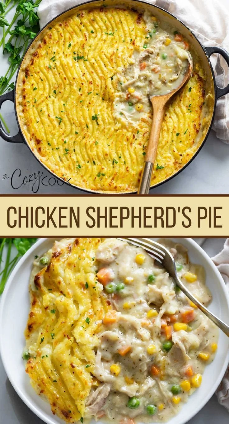 Delicious Chicken Shepherd's Pie served in a rustic dish, garnished with herbs.