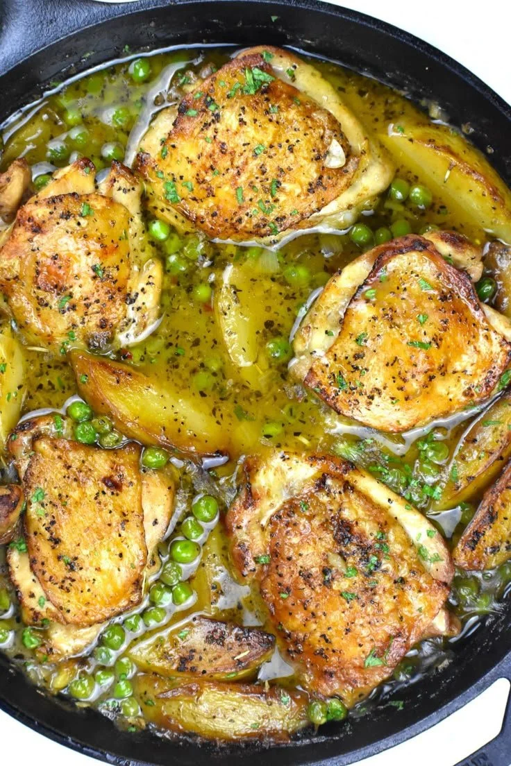 Delicious plate of Chicken Vesuvio with herbs and potatoes