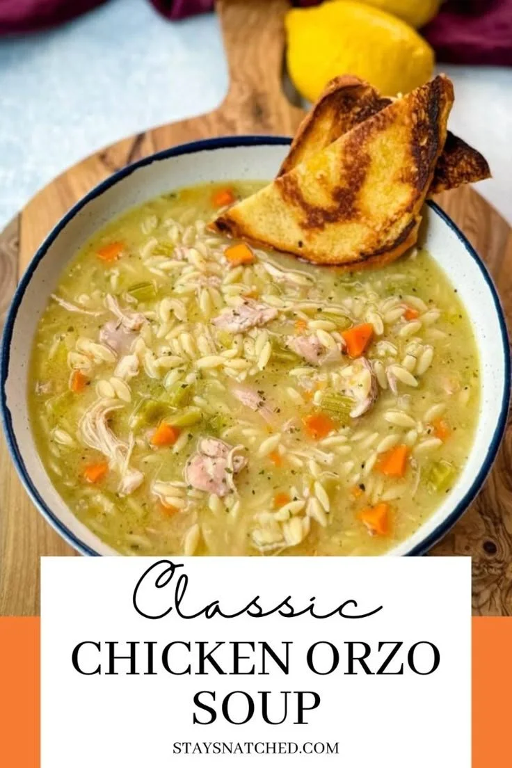 Bowl of classic chicken orzo soup with fresh vegetables and herbs