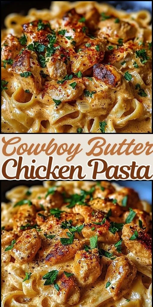 Delicious Cowboy Butter Chicken Pasta served in a bowl with herbs and spices.