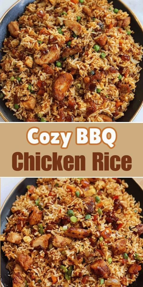 Cozy BBQ chicken rice served with fresh herbs and a side of vegetables.