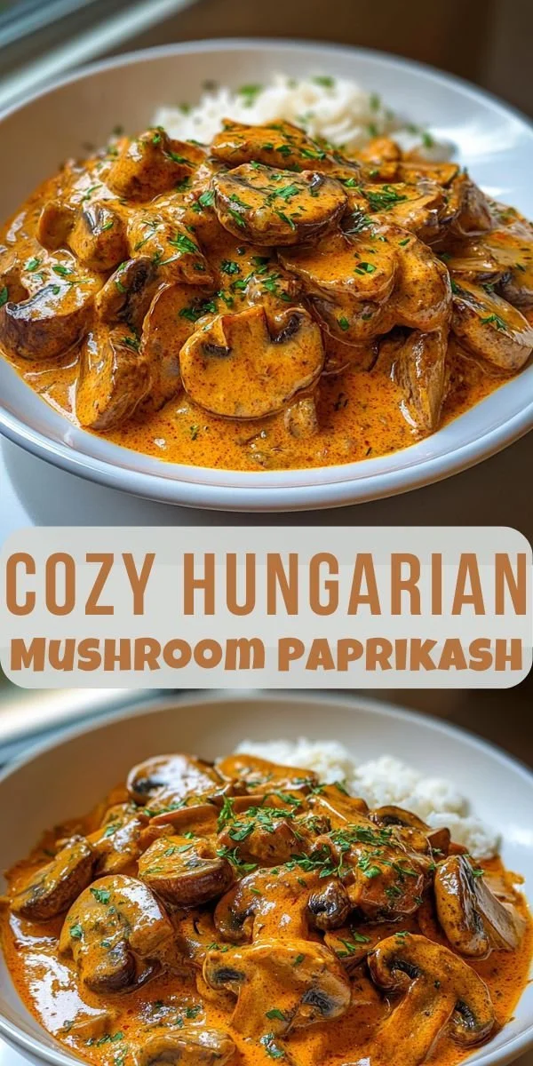 Bowl of cozy Hungarian mushroom paprikash served with fresh bread