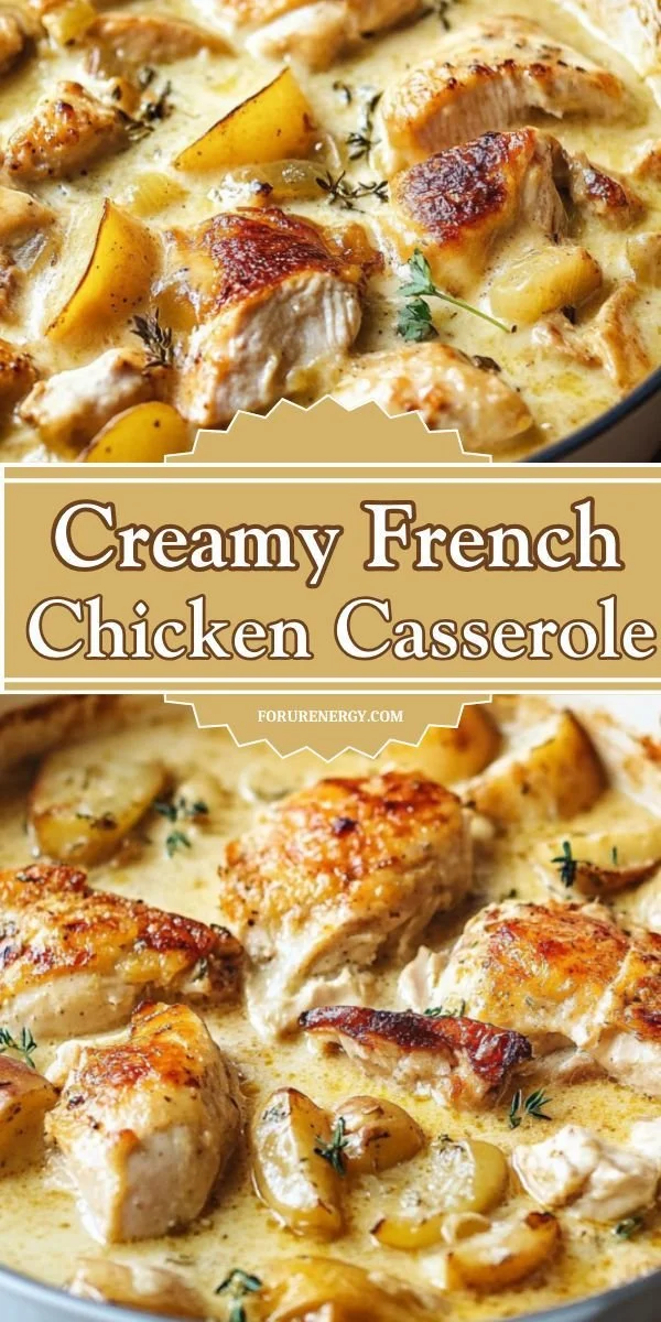 Creamy French Chicken Casserole served in a rustic dish