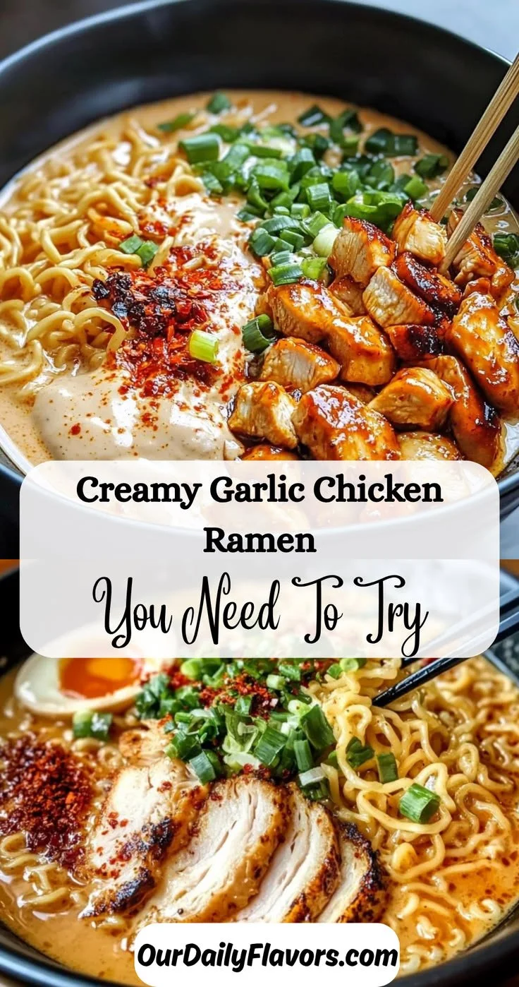 Creamy garlic chicken ramen in a bowl topped with green onions and herbs