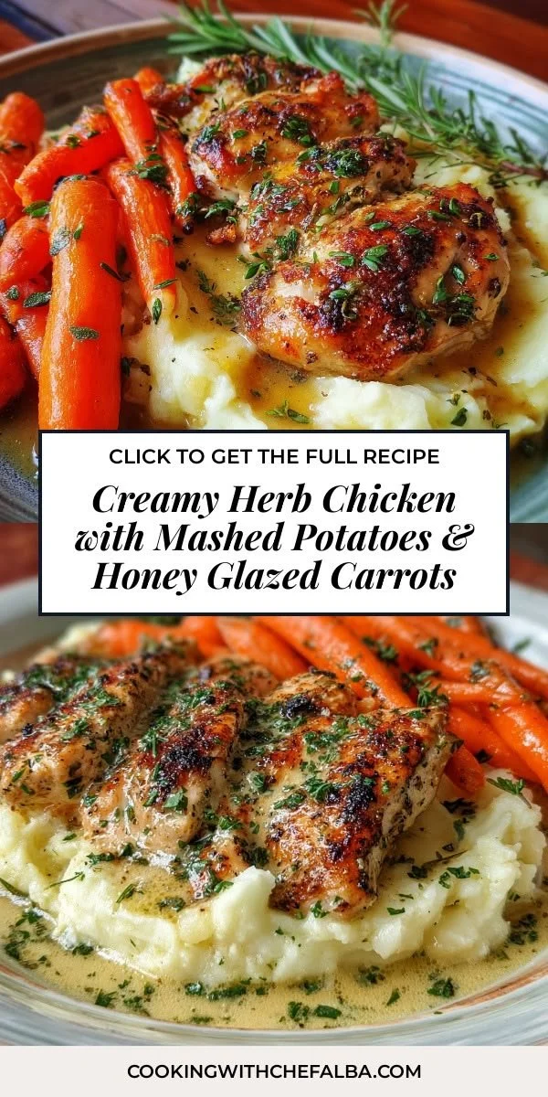 Creamy herb chicken served with mashed potatoes and honey glazed carrots