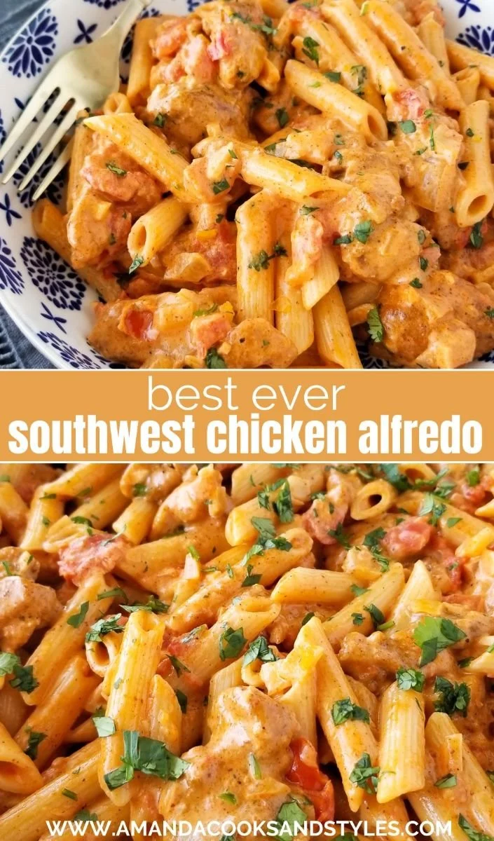 Creamy Southwest Chicken Pasta served in a bowl with colorful vegetables.