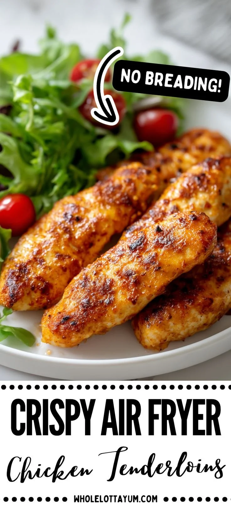 Crispy air fryer chicken tenderloins without breading served on a plate