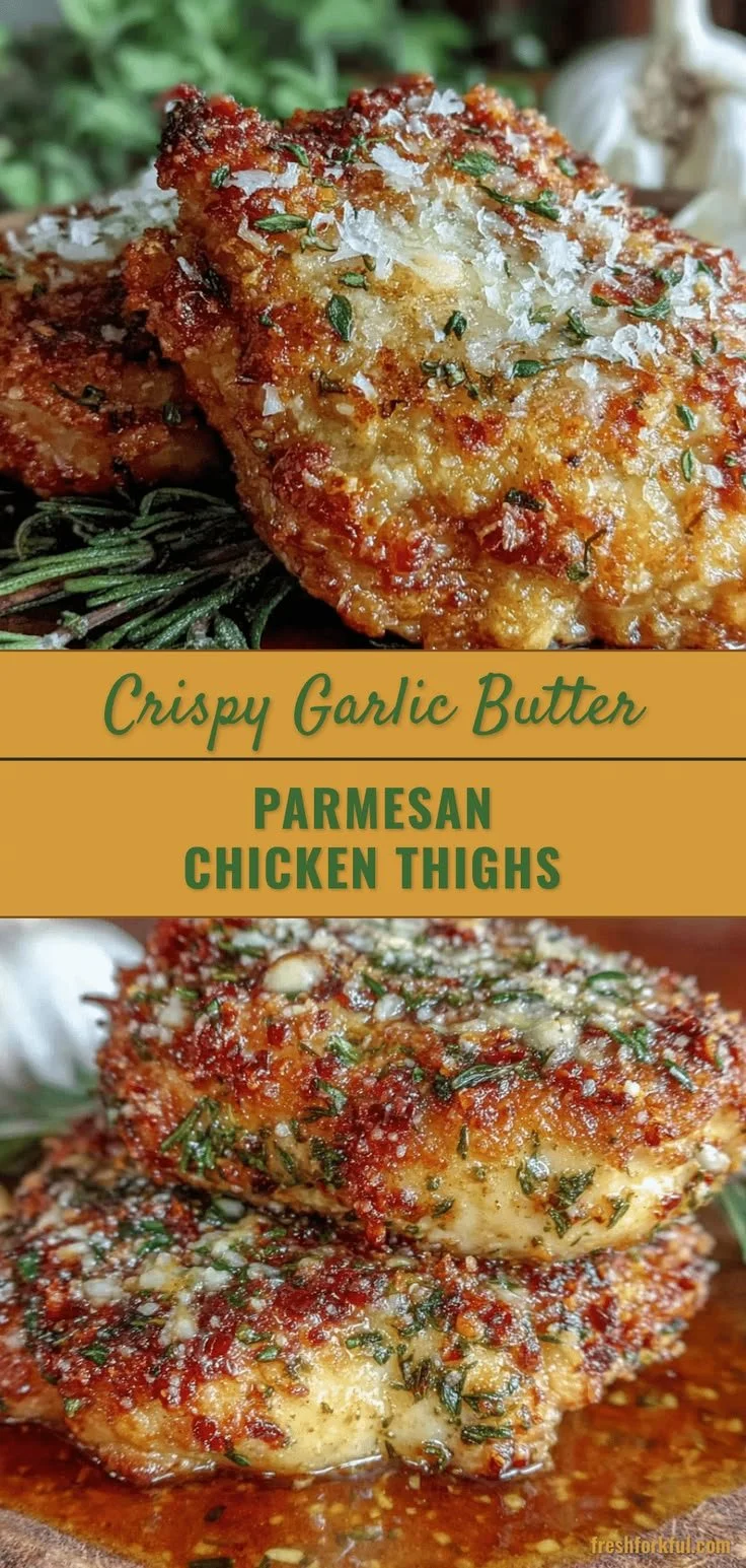 Crispy Parmesan Herb-Crusted Chicken Thighs with garlic butter sauce.