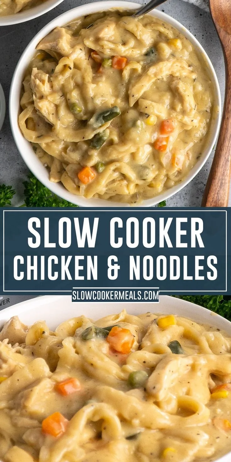 Delicious crock pot chicken and noodles served in a bowl