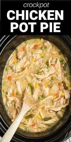 Crockpot chicken pot pie with vegetables and flaky crust.