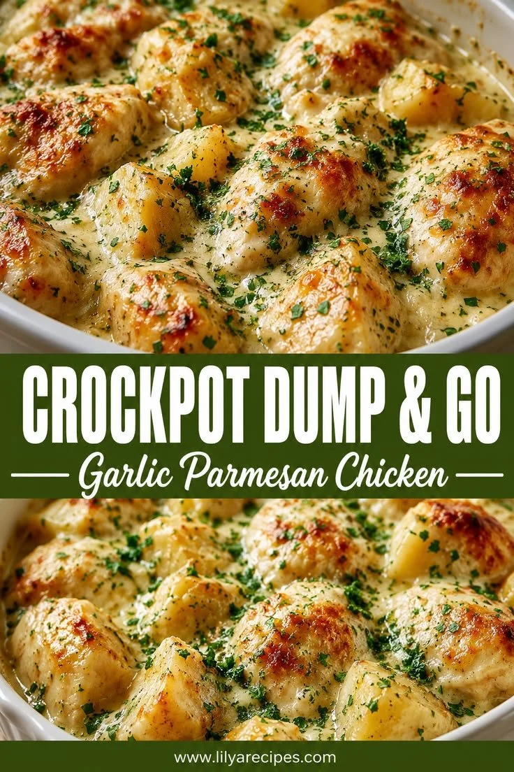 Crockpot Garlic Parmesan Chicken served with potatoes in a cozy kitchen setting
