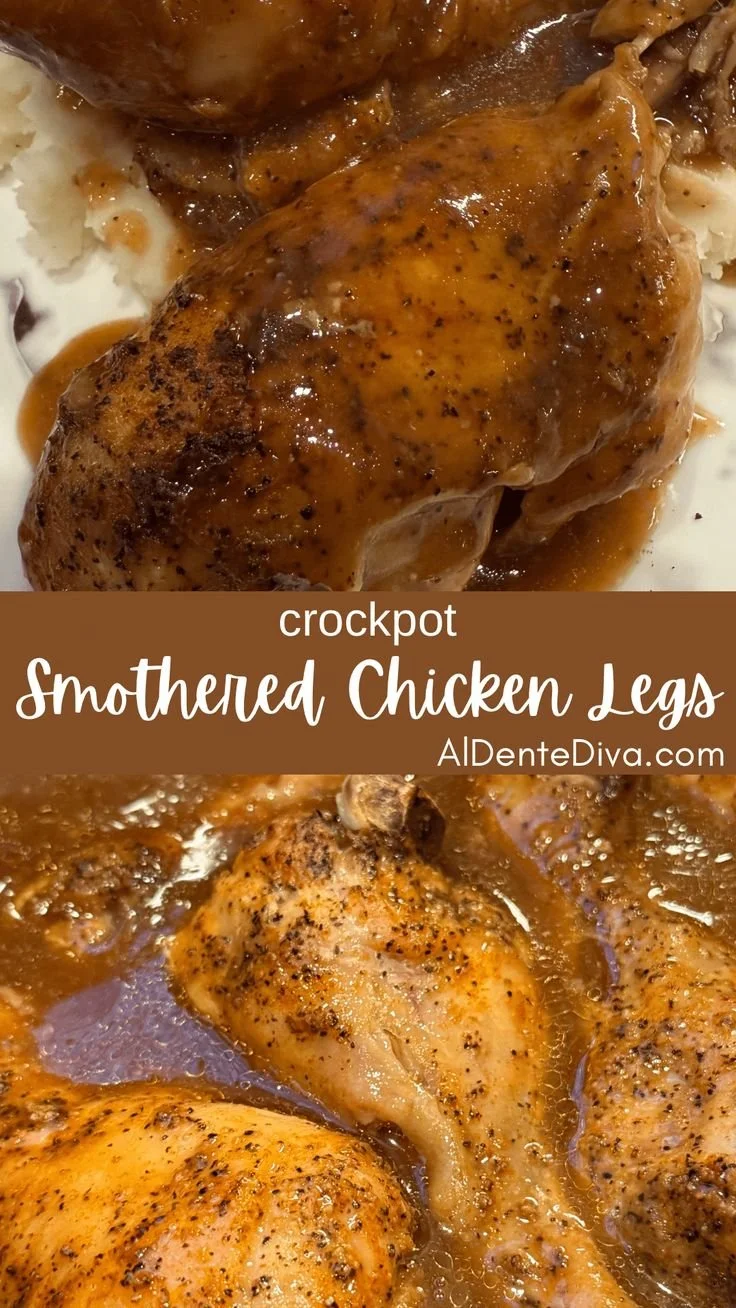 Crockpot smothered chicken legs served with gravy and vegetables