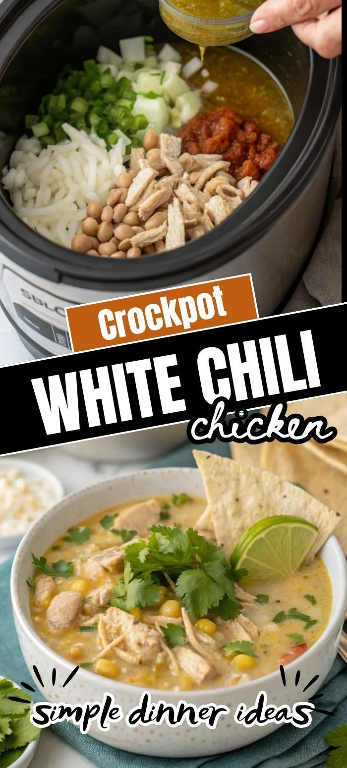 Crockpot White Chicken Chili in a bowl with toppings.