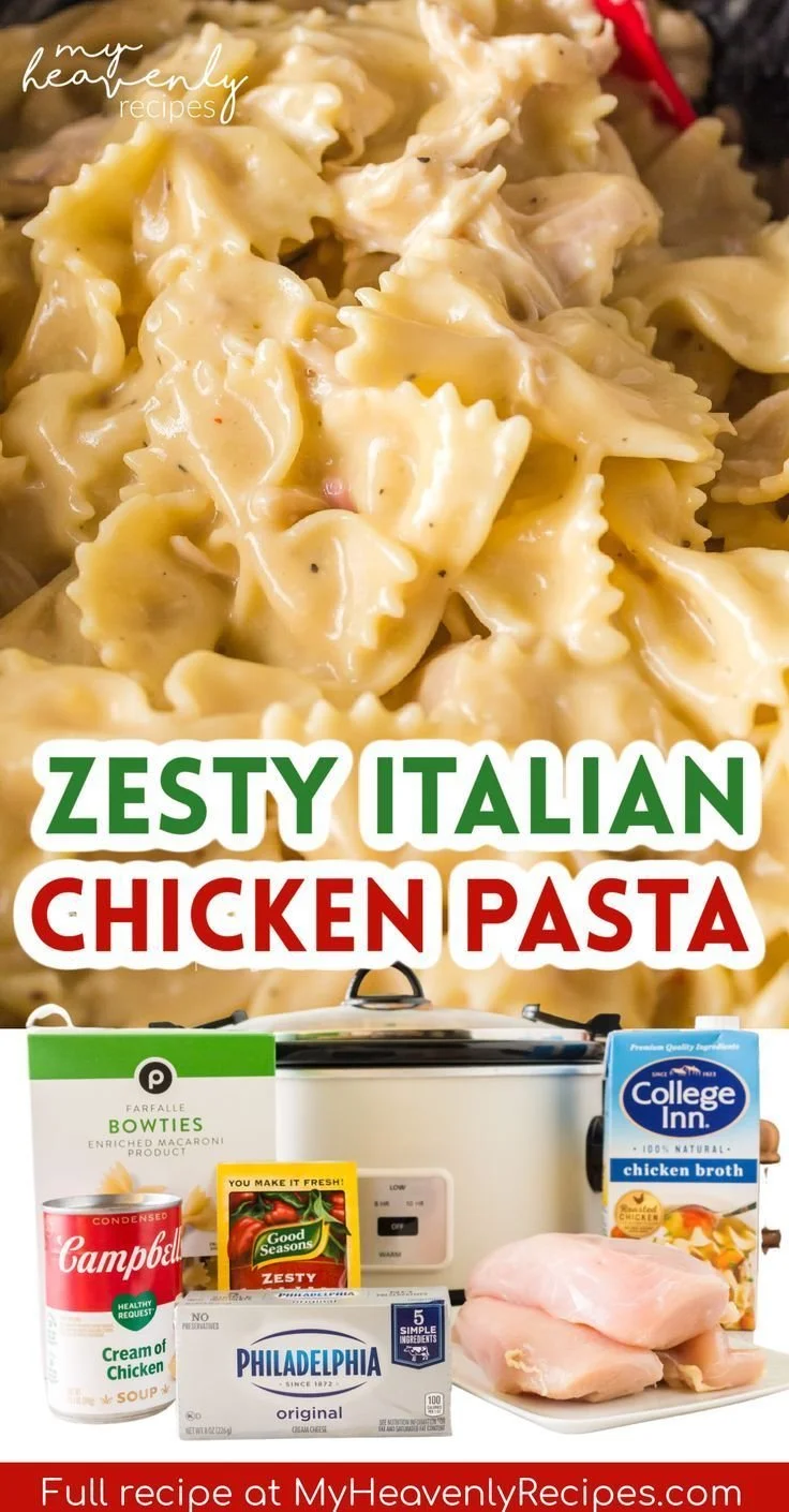 Crockpot Zesty Italian Chicken Pasta served in a bowl with fresh herbs