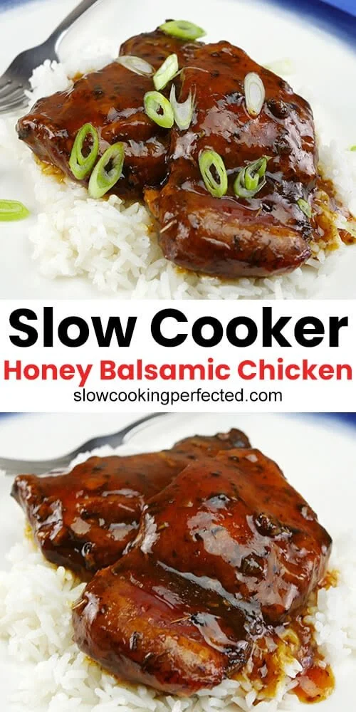 Slow cooker honey balsamic chicken served with vegetables on a plate.
