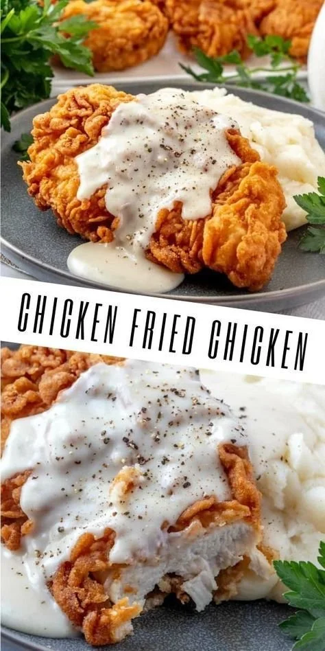 Delicious homemade chicken fried chicken served with creamy gravy.