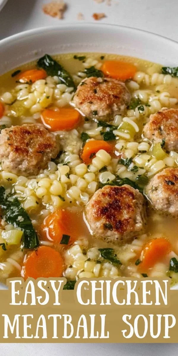 Bowl of easy chicken meatball soup garnished with herbs and vegetables