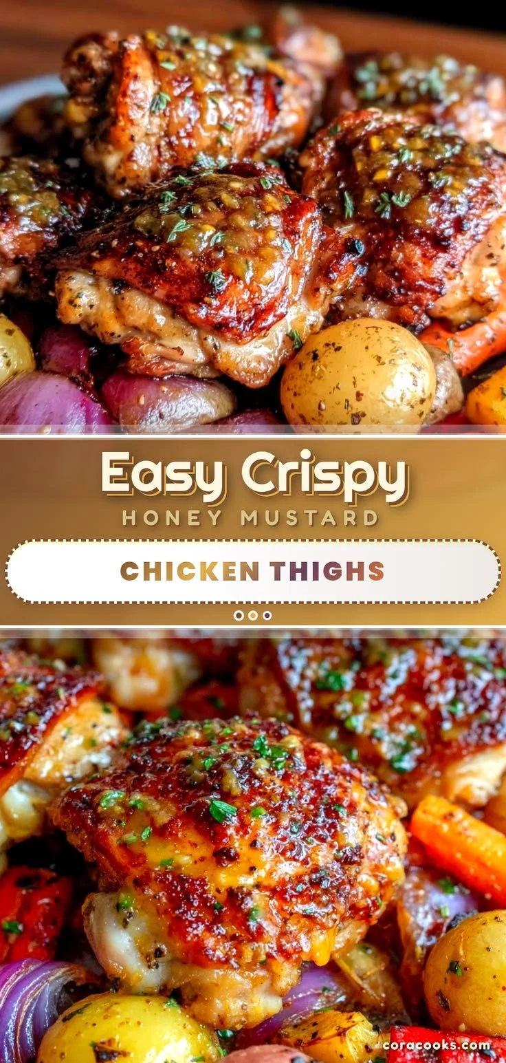 Crispy honey mustard chicken thighs on a sheet pan with vegetables