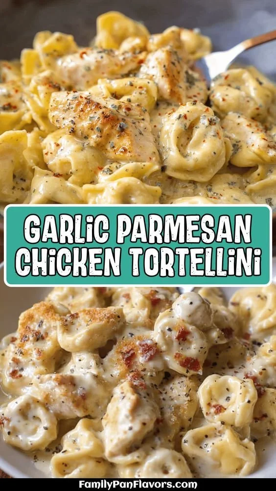 Delicious garlic parmesan chicken tortellini served with fresh herbs