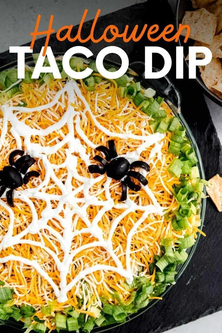 Halloween Taco Dip served in a spooky themed bowl