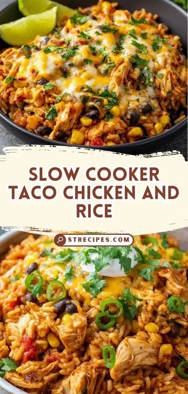 Delicious slow cooker taco chicken served over rice in a bowl.
