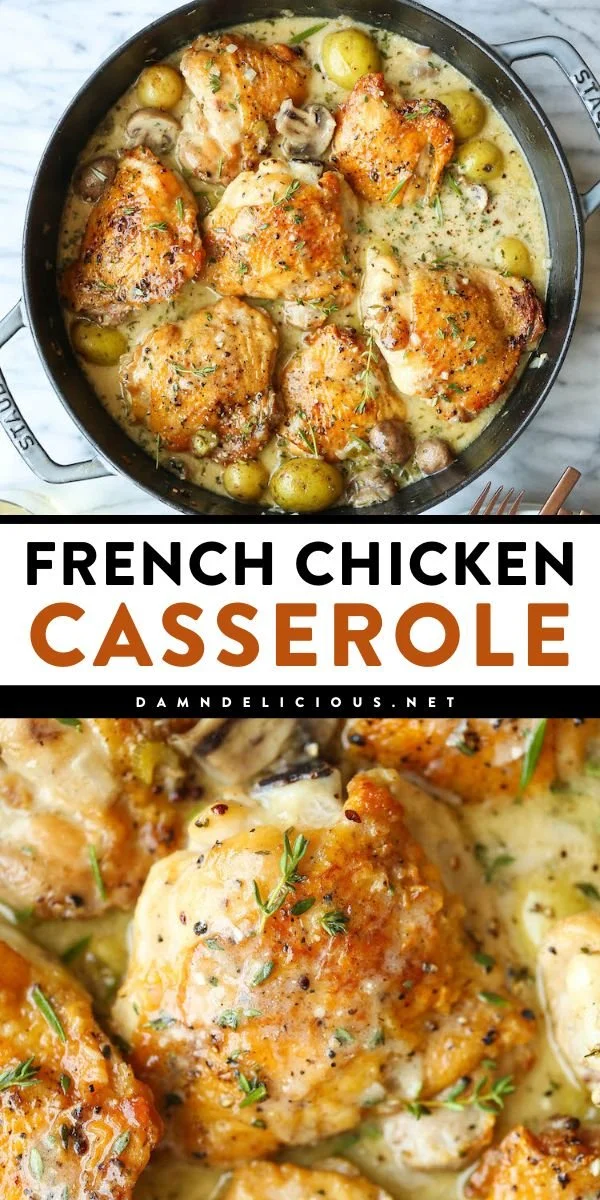 Delicious French Chicken Casserole served in a rustic dish garnished with herbs.