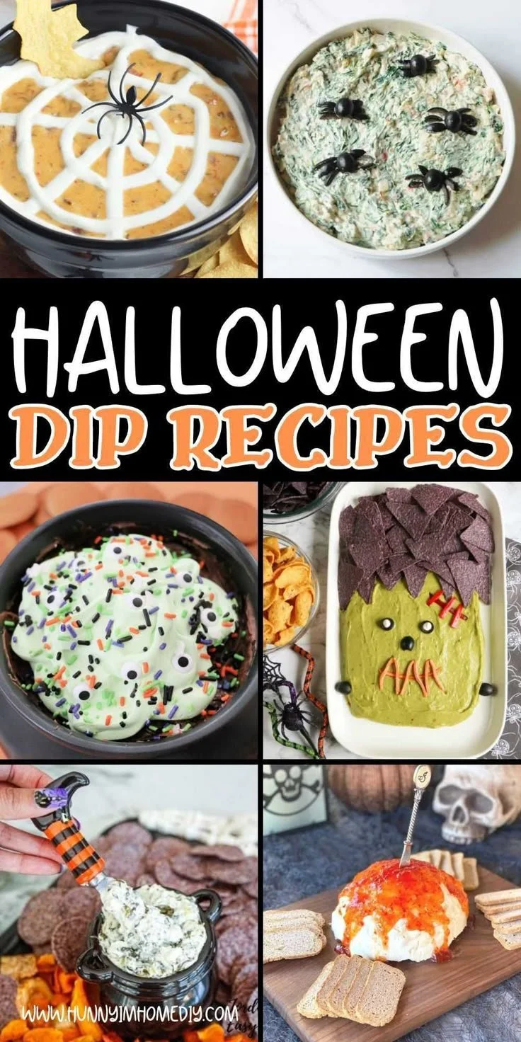 Variety of fun Halloween dips served in festive bowls for a spooky party.