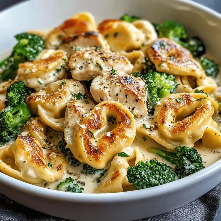 Creamy Garlic Parmesan Tortellini with Chicken and Broccoli in a bowl